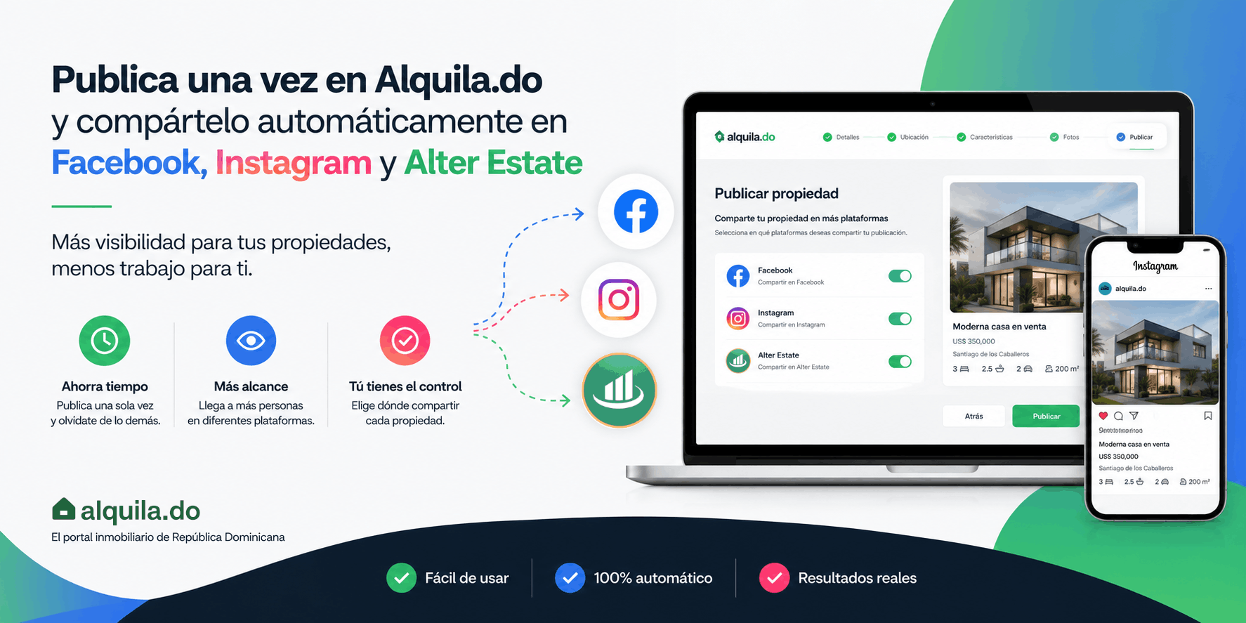 Publica una vez en Alquila.do y compártelo automáticamente en Facebook, Instagram y Alter Estate