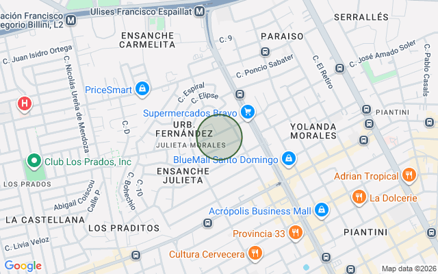 Mapa de Apartamento en Julieta Morales, Santo Domingo D.N. con 1 habitación, 1 baño, 1 parqueo en 9no nivel de 75 mts² con mantenimiento incluido