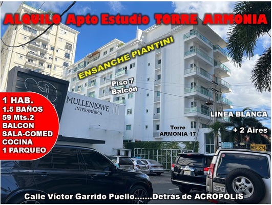 Apartamento en Piantini, Santo Domingo D.N. con 1 habitación, 1 baño, 1 parqueo en 7mo nivel de 57 mts² con mantenimiento incluido - Imagen 2